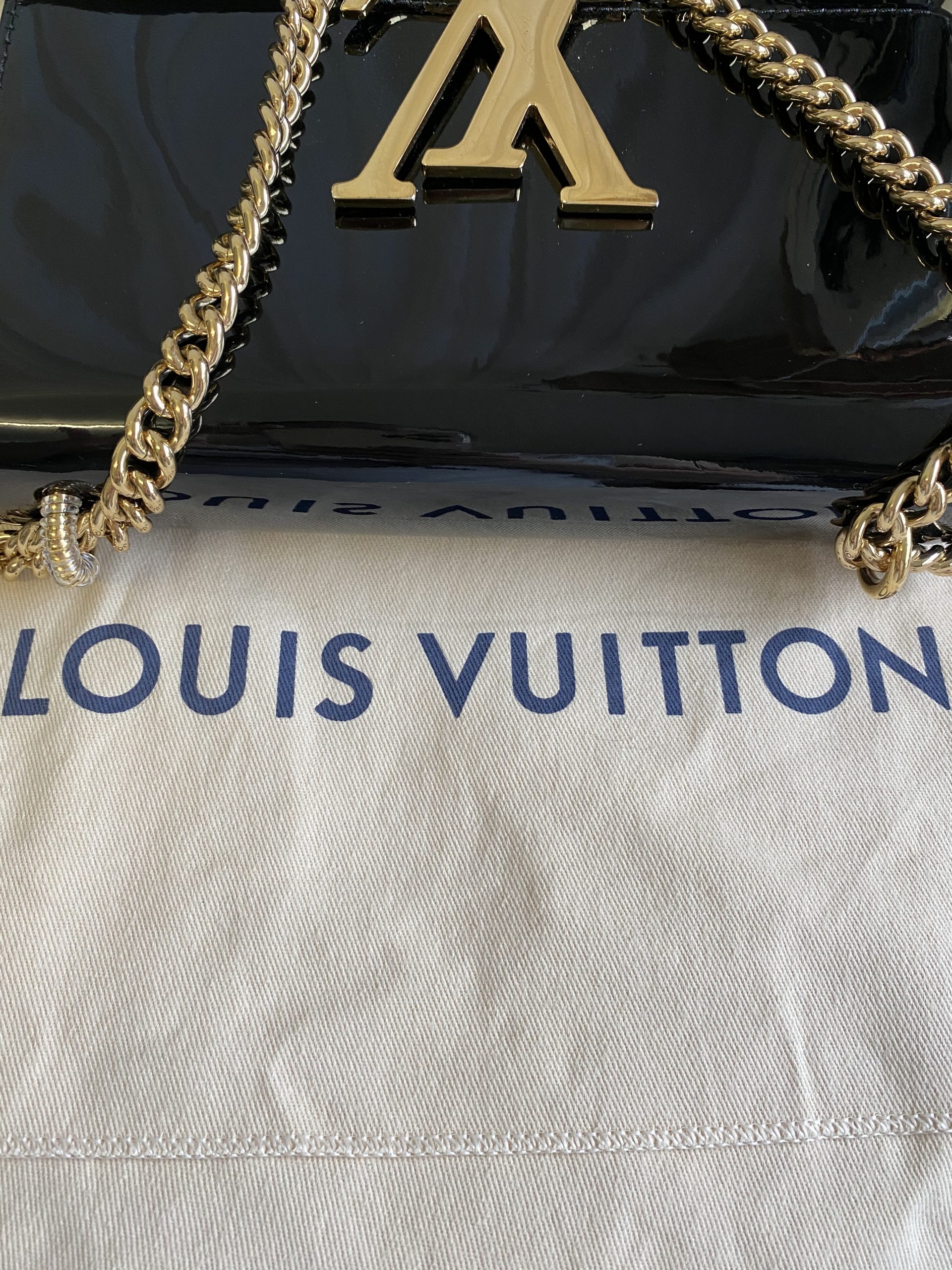 LOUIS VUITTON Patent Louise MM Chain Bag - Black/Gold - Adorn